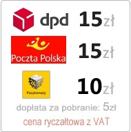 Koszty wysy�ki paczki to 15 z�. Dop�ata za p�atno�� przy odbiorze to 5z�. Cena rycza�towa, czyli niezale�nie, czy kupisz jeden tuszyk czy 100 toner�w, p�acisz raz - 15 z�.